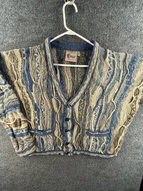 Coogi Australia Classic Linen Cotton Cardigan Sweater Women Knit Blue Beige Med